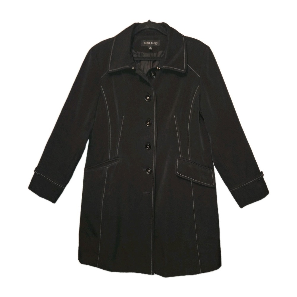 ANNE KLEIN Black Trench Coat Women's XL Button-Up Water Resistant Coating READ